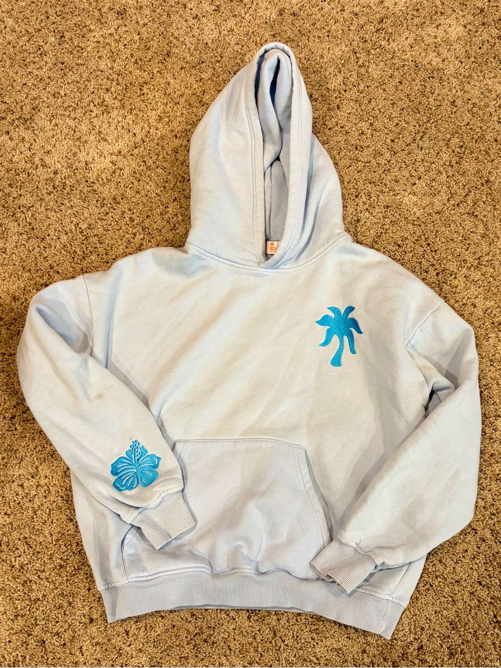 Pink Palm Puff Hoodie with Teal Palm & Hibiscus Embroidery, Women’s Blue Swtshrt